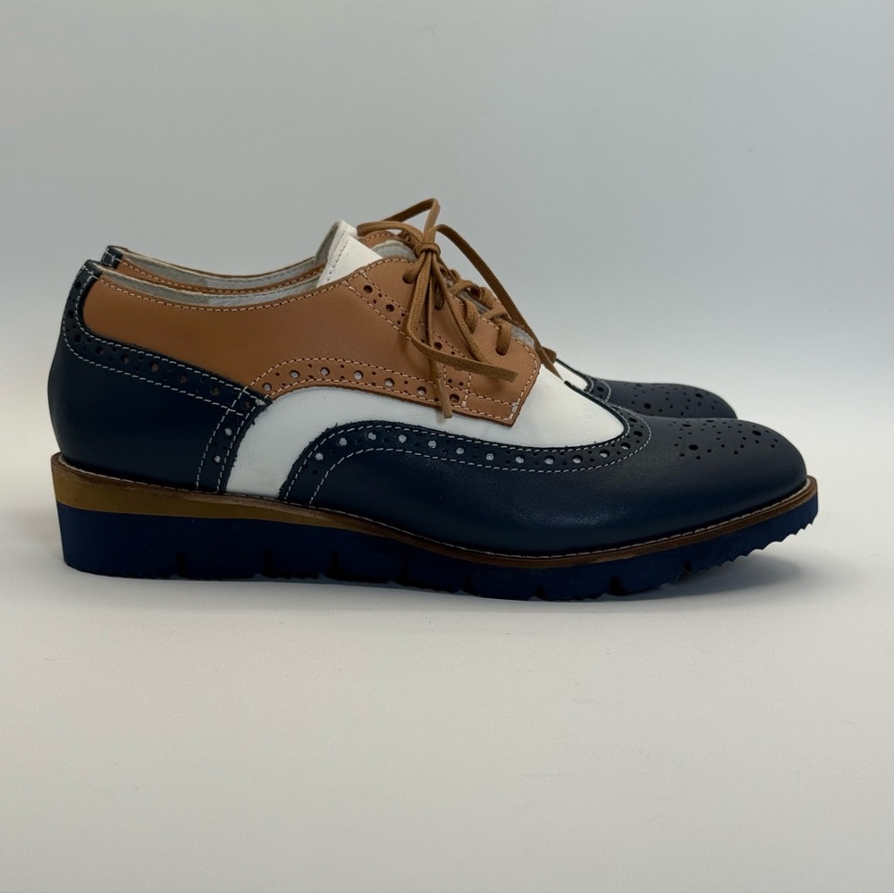 Girotti Wingtip Oxford #2219 Brogue Navy Tan White Leather Size 41 (8.5 US) - Picture 6 of 17